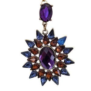 Gold-Tone Chain Necklace with Purple Blue & Amber Gemstone Sunburst Pendant READ